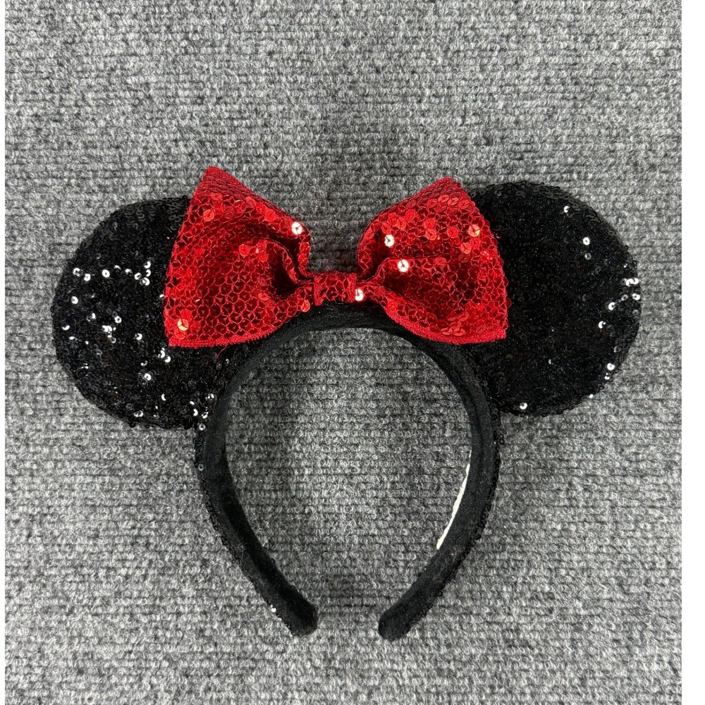 Disney Parks Minnie Mouse Sequin Ear Headband Red Bow Black Sparkle Accessory